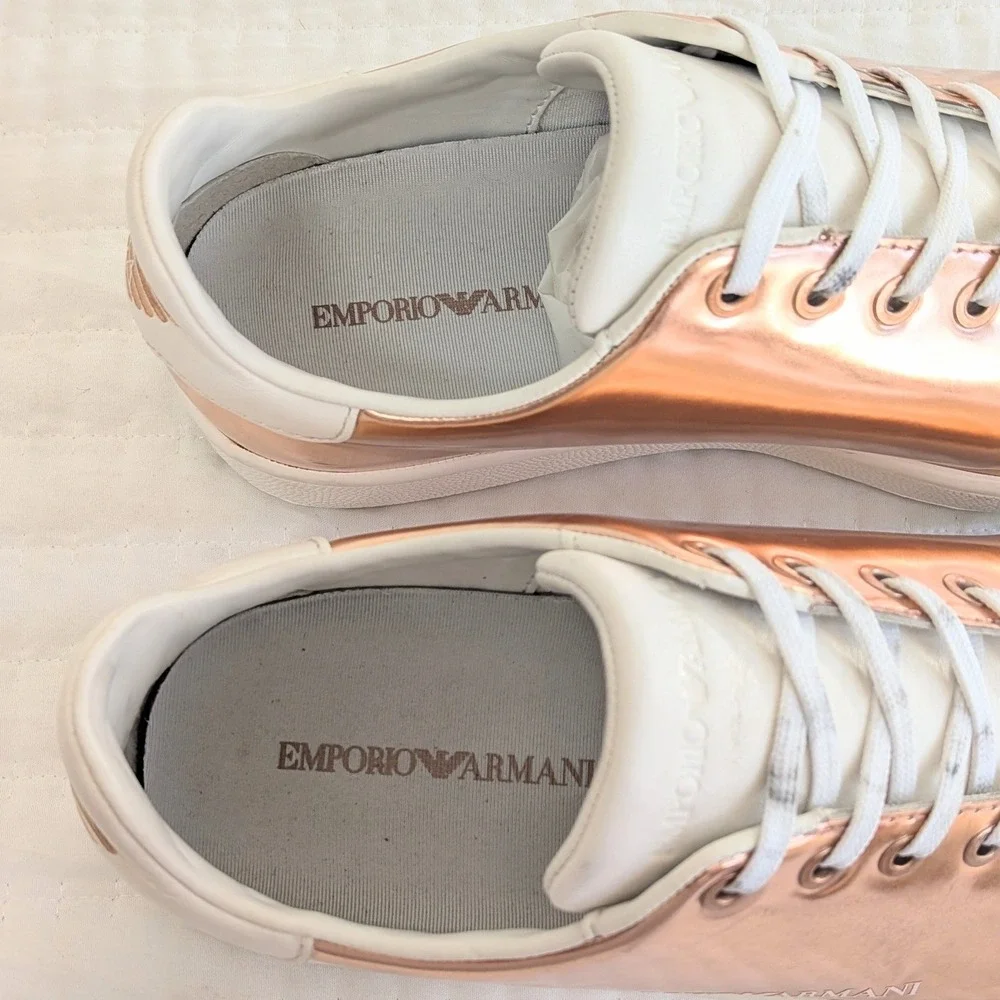 Emporio Armani Logo Print Lace Up Leather Casual Sneakers‎ Rose Gold White US 6